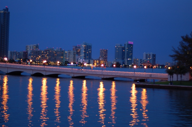 Illuminated coast of Miami at night